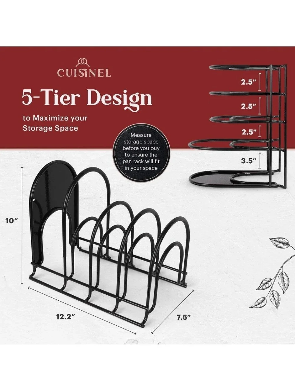 Cuisinel Pan Organizer for Cast Iron Skillets, Griddles, 5-Tier Rack, Black 12.2